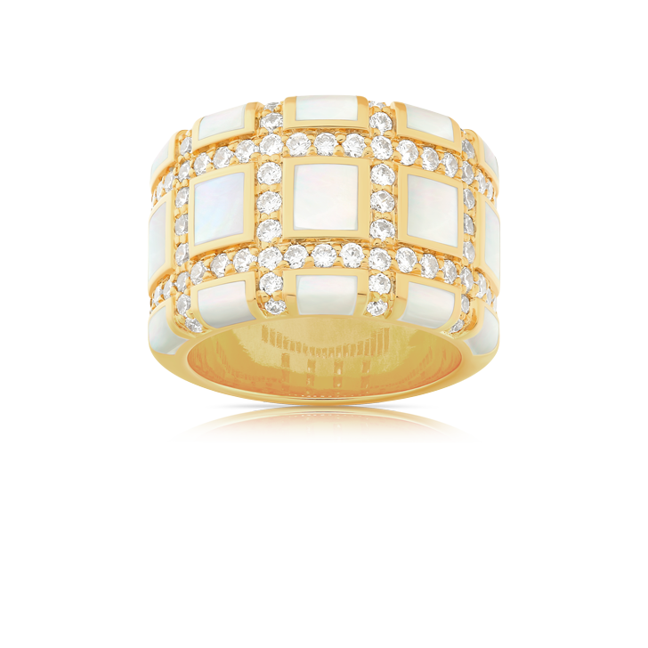 An 18K Yellow Gold ring adorned with Diamonds or Lab-created diamonds, decorated with white mother of pearl featuring a special cutting. The ring showcases intricate craftsmanship and elegant design, highlighting the brilliance of the diamonds and the unique beauty of the mother of pearl.