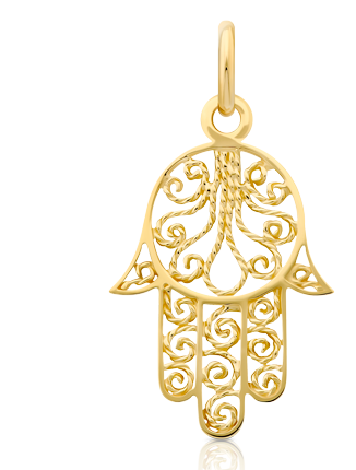 A lightweight 18K yellow gold pendant in the shape of a Hamsa hand. The pendant features intricate filigree work with swirling patterns and a central design that resembles a tree or floral motif. The Hamsa hand is a symbol often associated with protection and good fortune.